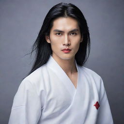 Visualize Lãnh Phi Nhan in a simple white attire. His angular and melancholic face is complemented by his red lips and fair skin. His long black hair, loose across his waist, sometimes transforms into a silver-gray. He holds a sword, with no hair accessories.