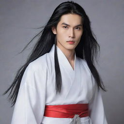 Visualize Lãnh Phi Nhan in a simple white attire. His angular and melancholic face is complemented by his red lips and fair skin. His long black hair, loose across his waist, sometimes transforms into a silver-gray. He holds a sword, with no hair accessories.