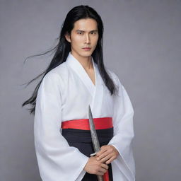 Visualize Lãnh Phi Nhan in a simple white attire. His angular and melancholic face is complemented by his red lips and fair skin. His long black hair, loose across his waist, sometimes transforms into a silver-gray. He holds a sword, with no hair accessories.