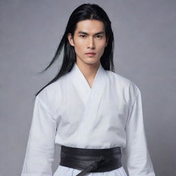 Visualize Lãnh Phi Nhan in a simple white attire. His angular and melancholic face is complemented by his red lips and fair skin. His long black hair, loose across his waist, sometimes transforms into a silver-gray. He holds a sword, with no hair accessories.