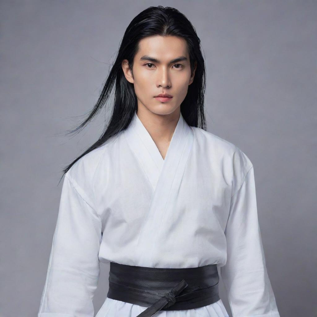 Visualize Lãnh Phi Nhan in a simple white attire. His angular and melancholic face is complemented by his red lips and fair skin. His long black hair, loose across his waist, sometimes transforms into a silver-gray. He holds a sword, with no hair accessories.