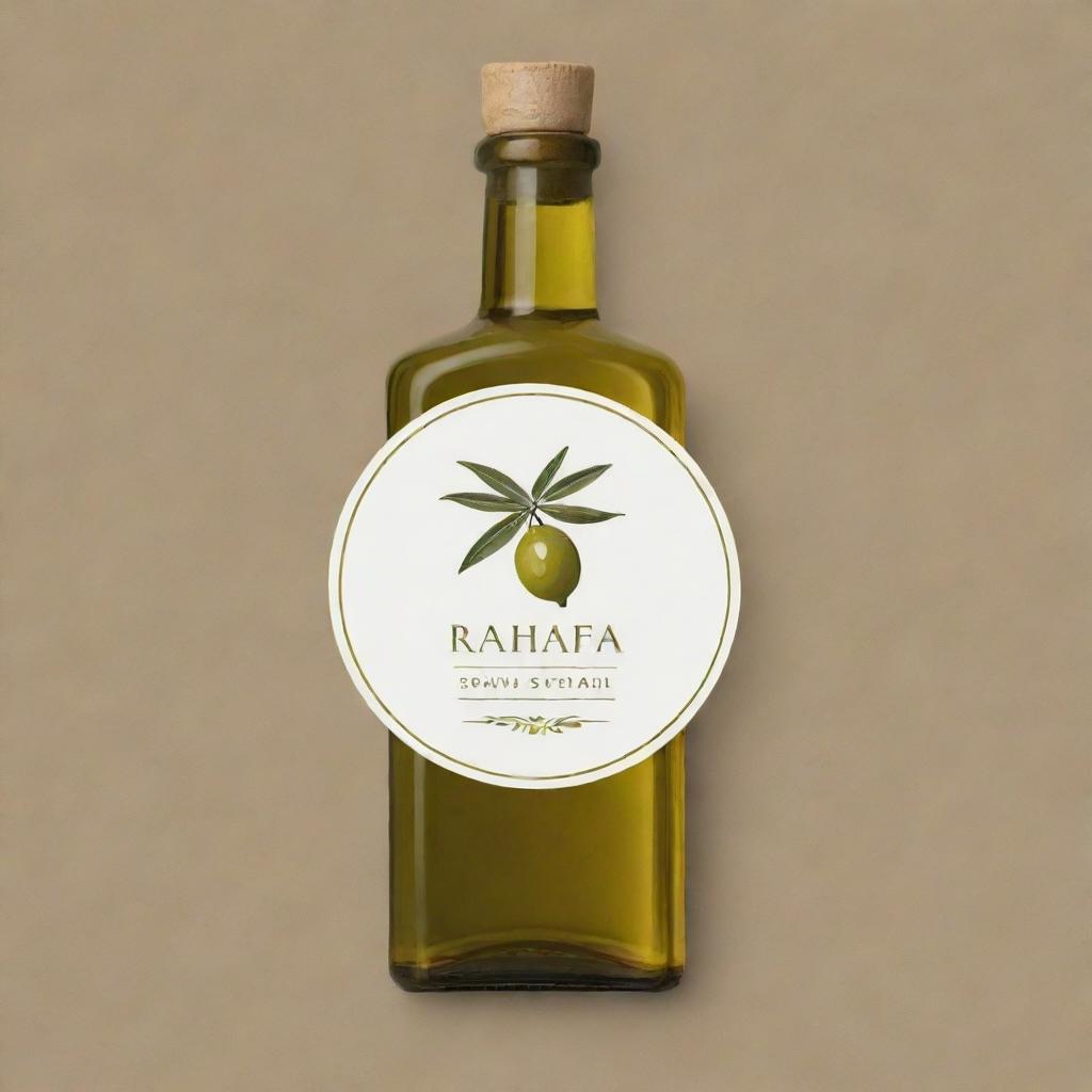 Design a refined and earthy logo for an olive oil brand named 'Rahaf'. Incorporate elements of lush olive groves and a pristine olive oil bottle.