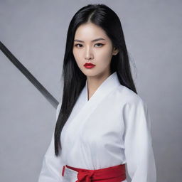 Visualize Lãnh Phi Nhan, a young female master, in sleek white attire. She has an angular, melancholic face with red lips and fair skin. Her long, waist-length black hair, devoid of accessories, occasionally turns silver-gray. She holds a sword in her hand.