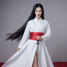 Visualize Lãnh Phi Nhan, a young female master, in sleek white attire. She has an angular, melancholic face with red lips and fair skin. Her long, waist-length black hair, devoid of accessories, occasionally turns silver-gray. She holds a sword in her hand.