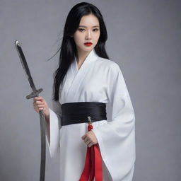 Visualize Lãnh Phi Nhan, a young female master, in sleek white attire. She has an angular, melancholic face with red lips and fair skin. Her long, waist-length black hair, devoid of accessories, occasionally turns silver-gray. She holds a sword in her hand.