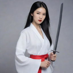 Visualize Lãnh Phi Nhan, a young female master, in sleek white attire. She has an angular, melancholic face with red lips and fair skin. Her long, waist-length black hair, devoid of accessories, occasionally turns silver-gray. She holds a sword in her hand.