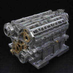 A complex machinery consisting of silver car pistons dynamically moving in a pool of shimmering golden oil, all set against a rich, dark background.