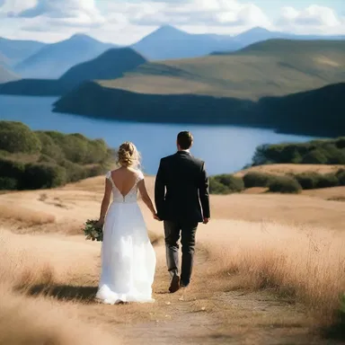 The couple went for a long walk in the out-of-doors, holding hands and enjoying the scenic view.