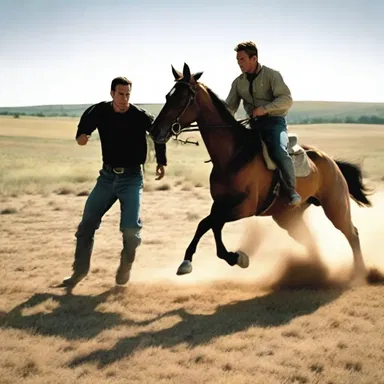 The action film featured intense chase scenes in the out-of-doors, with the protagonist racing through open fields and dodging obstacles.