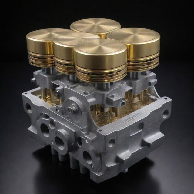 A complex machinery consisting of silver car pistons dynamically moving in a pool of shimmering golden oil, all set against a rich, dark background.