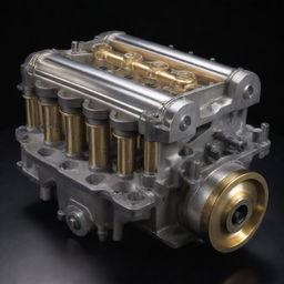 A complex machinery consisting of silver car pistons dynamically moving in a pool of shimmering golden oil, all set against a rich, dark background.