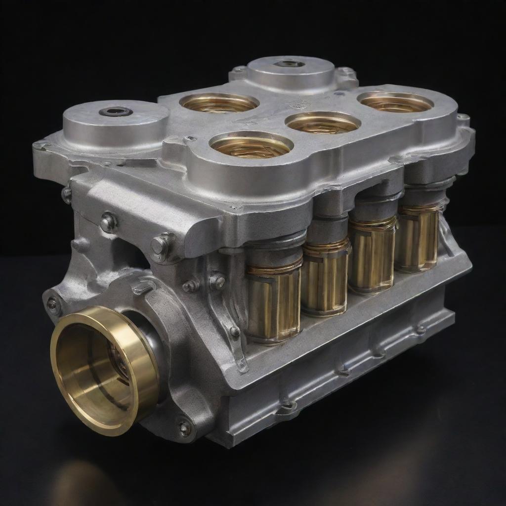 A complex machinery consisting of silver car pistons dynamically moving in a pool of shimmering golden oil, all set against a rich, dark background.