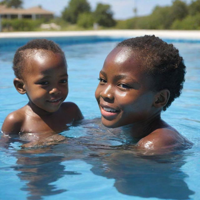 A young African child learning to swim in a clear blue pool, under the tender guidance of a swim instructor on a sunny day.