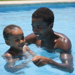 A young African child learning to swim in a clear blue pool, under the tender guidance of a swim instructor on a sunny day.