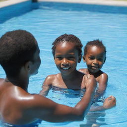 A young African child learning to swim in a clear blue pool, under the tender guidance of a swim instructor on a sunny day.