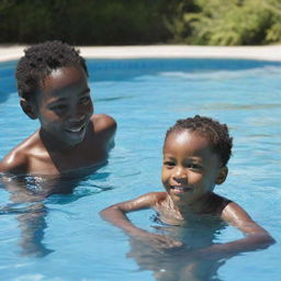 A young African child learning to swim in a clear blue pool, under the tender guidance of a swim instructor on a sunny day.