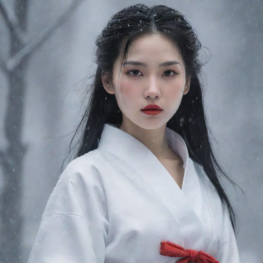 Envision Lãnh Phi Nhan, a young female master, in white garb amidst falling snow. She has an aloof, melancholic face with red lips and fair skin. Her waist-length black hair, void of any accessories, at times morphs to silver-gray. She holds a sword.