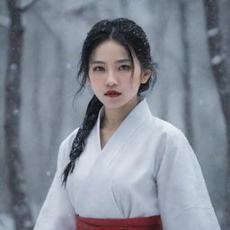 Envision Lãnh Phi Nhan, a young female master, in white garb amidst falling snow. She has an aloof, melancholic face with red lips and fair skin. Her waist-length black hair, void of any accessories, at times morphs to silver-gray. She holds a sword.