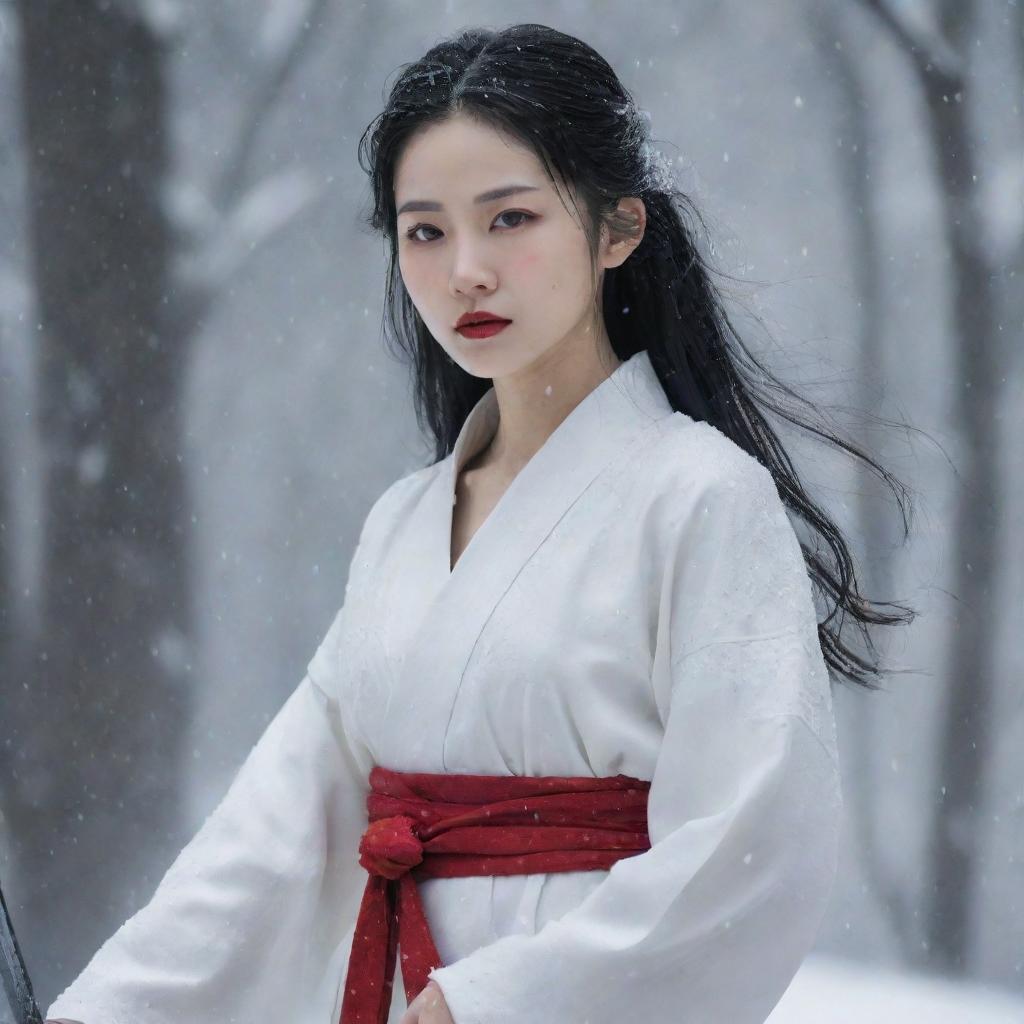 Envision Lãnh Phi Nhan, a young female master, in white garb amidst falling snow. She has an aloof, melancholic face with red lips and fair skin. Her waist-length black hair, void of any accessories, at times morphs to silver-gray. She holds a sword.