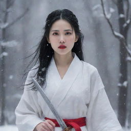 Envision Lãnh Phi Nhan, a young female master, in white garb amidst falling snow. She has an aloof, melancholic face with red lips and fair skin. Her waist-length black hair, void of any accessories, at times morphs to silver-gray. She holds a sword.