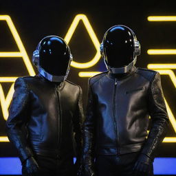 Iconic electronic music duo Daft Punk, wearing their emblematic robot helmets and leather jackets, under a neon-lit stage.