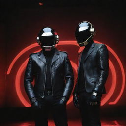 Iconic electronic music duo Daft Punk, wearing their emblematic robot helmets and leather jackets, under a neon-lit stage.