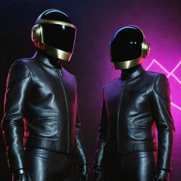 Iconic electronic music duo Daft Punk, wearing their emblematic robot helmets and leather jackets, under a neon-lit stage.