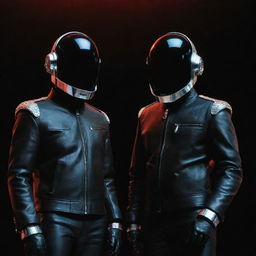 Iconic electronic music duo Daft Punk, wearing their emblematic robot helmets and leather jackets, under a neon-lit stage.