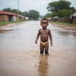 An African toddler bravely swimming across a flooded road, persevering towards safety, under the watchful eyes of their concerned parents following closely.