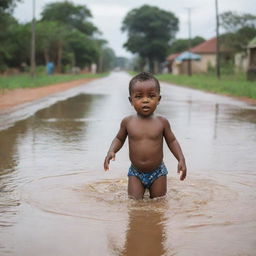 An African toddler bravely swimming across a flooded road, persevering towards safety, under the watchful eyes of their concerned parents following closely.