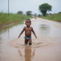 An African toddler bravely swimming across a flooded road, persevering towards safety, under the watchful eyes of their concerned parents following closely.