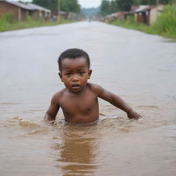 An African toddler bravely swimming across a flooded road, persevering towards safety, under the watchful eyes of their concerned parents following closely.