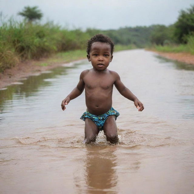 African toddler bravely swimming across a flooded road, with parents following closely on their toes; a riveting display of courage and determination under intense circumstances.