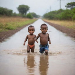 African toddler bravely swimming across a flooded road, with parents following closely on their toes; a riveting display of courage and determination under intense circumstances.