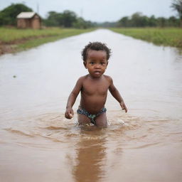 African toddler bravely swimming across a flooded road, with parents following closely on their toes; a riveting display of courage and determination under intense circumstances.