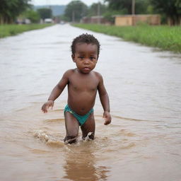 African toddler bravely swimming across a flooded road, with parents following closely on their toes; a riveting display of courage and determination under intense circumstances.