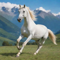 A stunning white horse running freely across a verdant valley, under a lively blue sky, surrounded by majestic mountains.