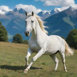 A stunning white horse running freely across a verdant valley, under a lively blue sky, surrounded by majestic mountains.