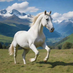 A stunning white horse running freely across a verdant valley, under a lively blue sky, surrounded by majestic mountains.