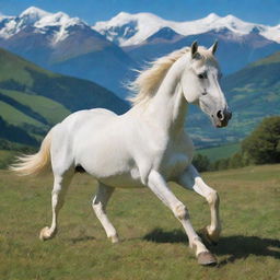 A stunning white horse running freely across a verdant valley, under a lively blue sky, surrounded by majestic mountains.