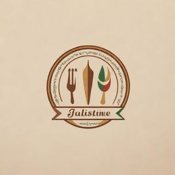 Design an inviting logo for an Arabian food restaurant named 'Palestine'. Incorporate elements of traditional Arabian cuisine, cooking utensils, and rich cultural motifs.