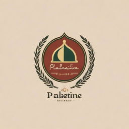 Design an inviting logo for an Arabian food restaurant named 'Palestine'. Incorporate elements of traditional Arabian cuisine, cooking utensils, and rich cultural motifs.