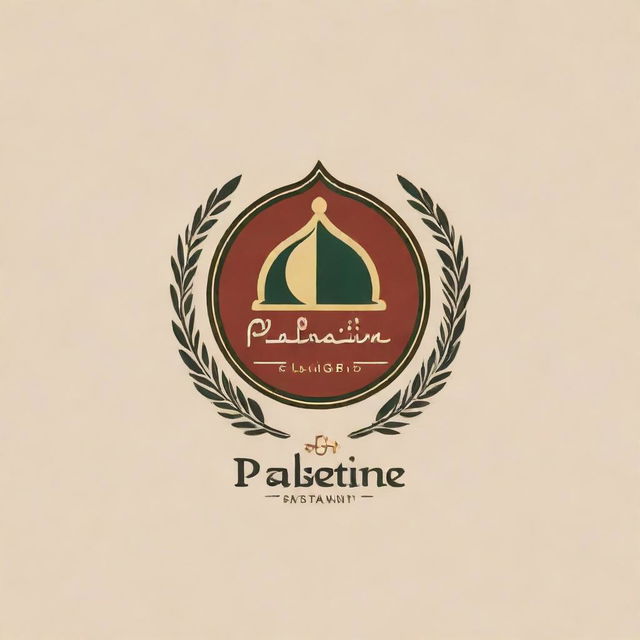 Design an inviting logo for an Arabian food restaurant named 'Palestine'. Incorporate elements of traditional Arabian cuisine, cooking utensils, and rich cultural motifs.