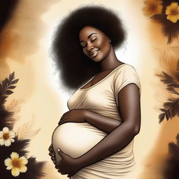 A digital art piece showcasing a radiant, expectant ebony woman