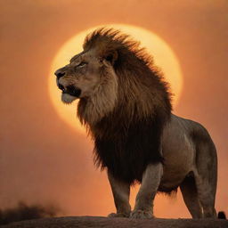 A majestic lion roaring furiously, silhouetted against the backdrop of a fiery, setting sun