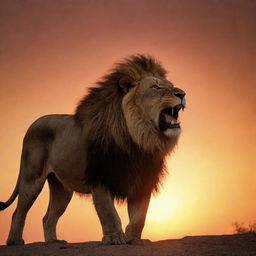 A majestic lion roaring furiously, silhouetted against the backdrop of a fiery, setting sun