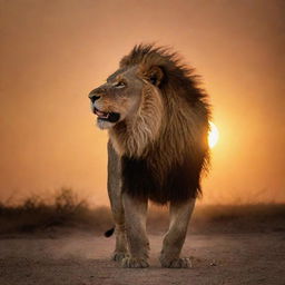 A majestic lion roaring furiously, silhouetted against the backdrop of a fiery, setting sun