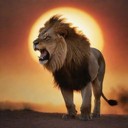 A majestic lion roaring furiously, silhouetted against the backdrop of a fiery, setting sun