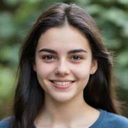 A portrait of an 18-year-old girl with dark hair and thick eyebrows. She has a captivating smile on her face, but her eyes carry a hint of sadness.