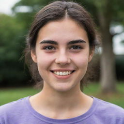 A portrait of an 18-year-old girl with dark hair and thick eyebrows. She has a captivating smile on her face, but her eyes carry a hint of sadness.